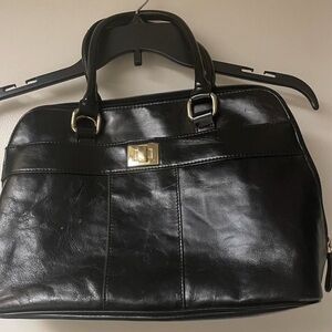 Giani Bernini Double Strap Satchel Handbag/ Purse Black Glazed Leather Goldtone